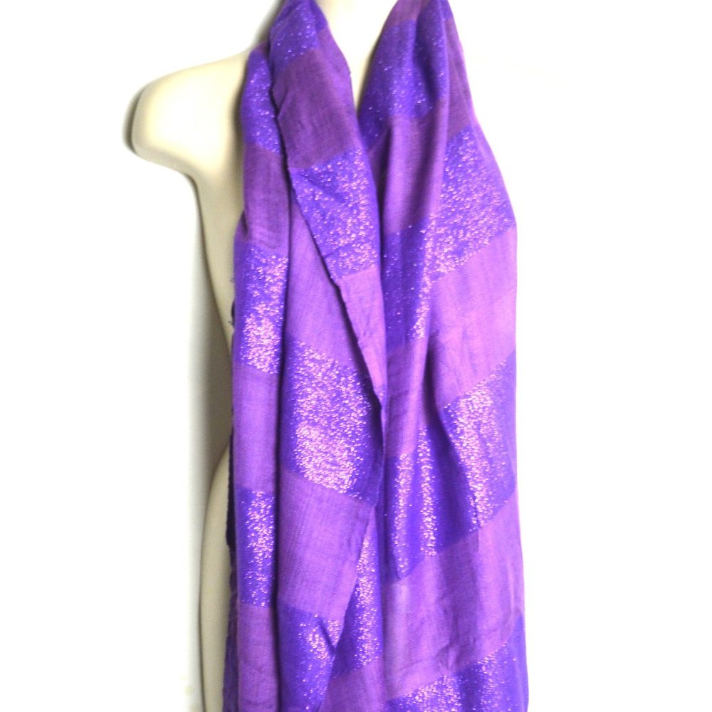Long Cotton Purple Pashmina Scarf with Interwoven Gold Threads